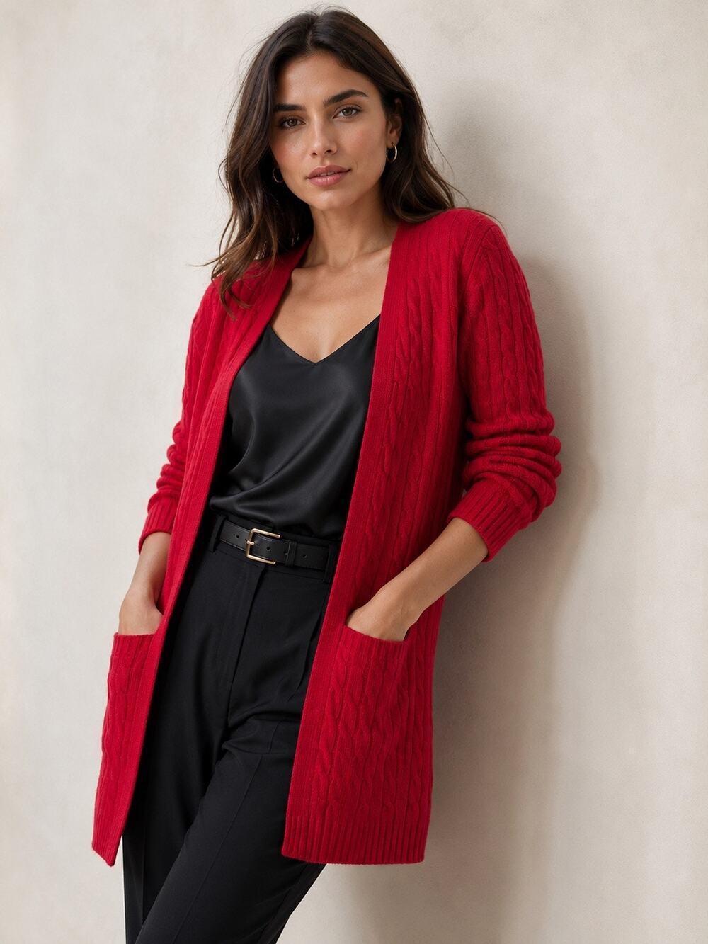 Ralph Lauren Black Label Cashmere Long Sleeve Cable-Knit Longline Cardigan Red M